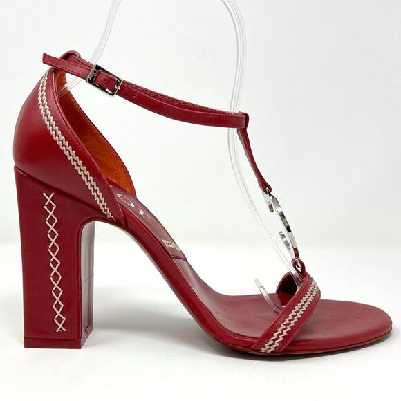Dior 2005 Red Leather Logo Embroidered Block Heel Sandals- John Galliano Era - Picture 5 of 10